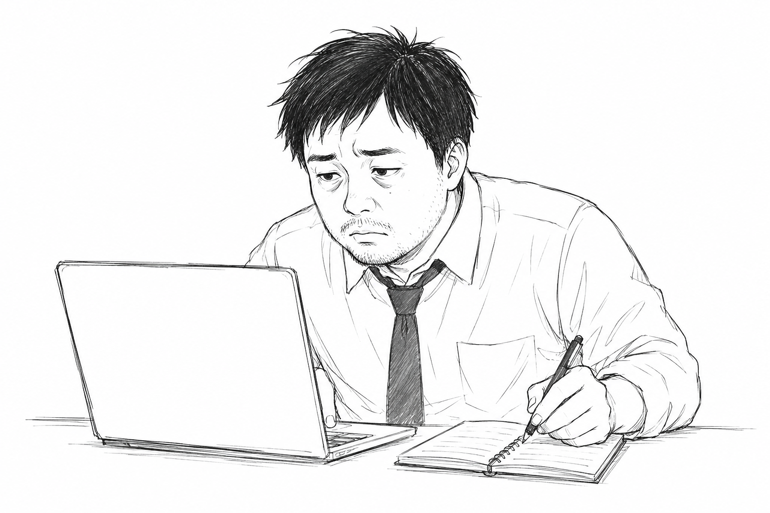 パソコンの画面を真剣に見ているオカノ/メモ書き