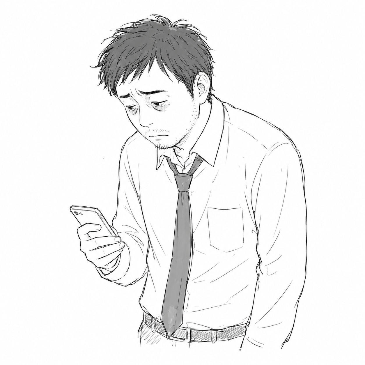 スマホ片手にうなだれているオカノ