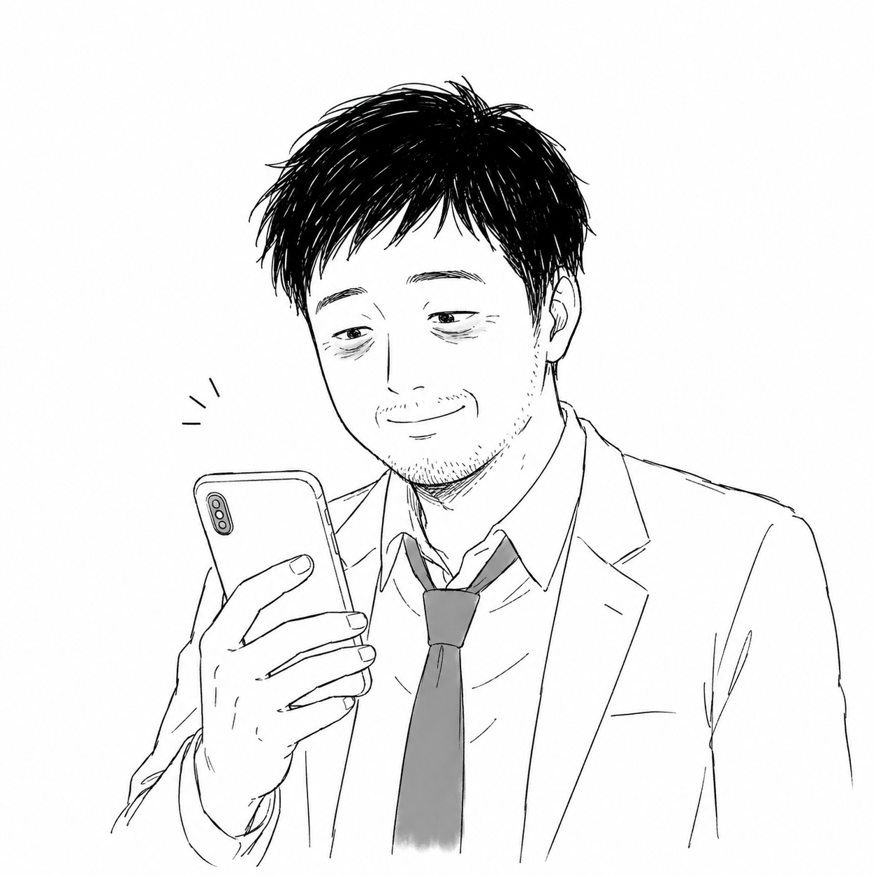 少し笑っているオカノ/スマホをのぞき込む