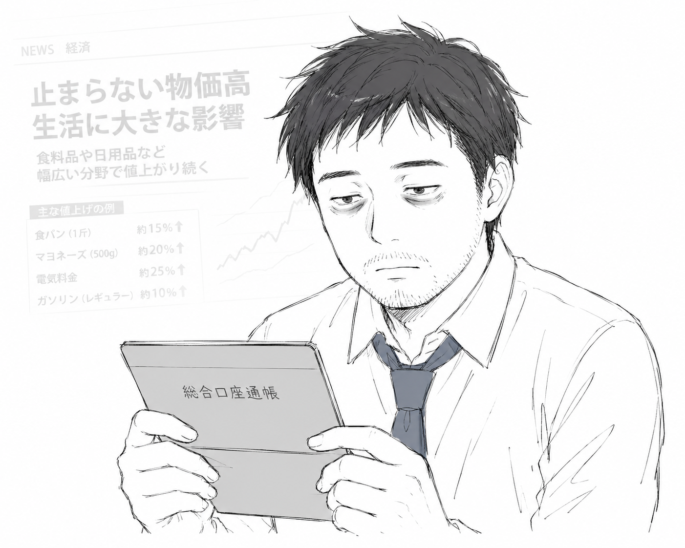 通帳を見て無表情のオカノ/背景にうっすら物価高のニュース