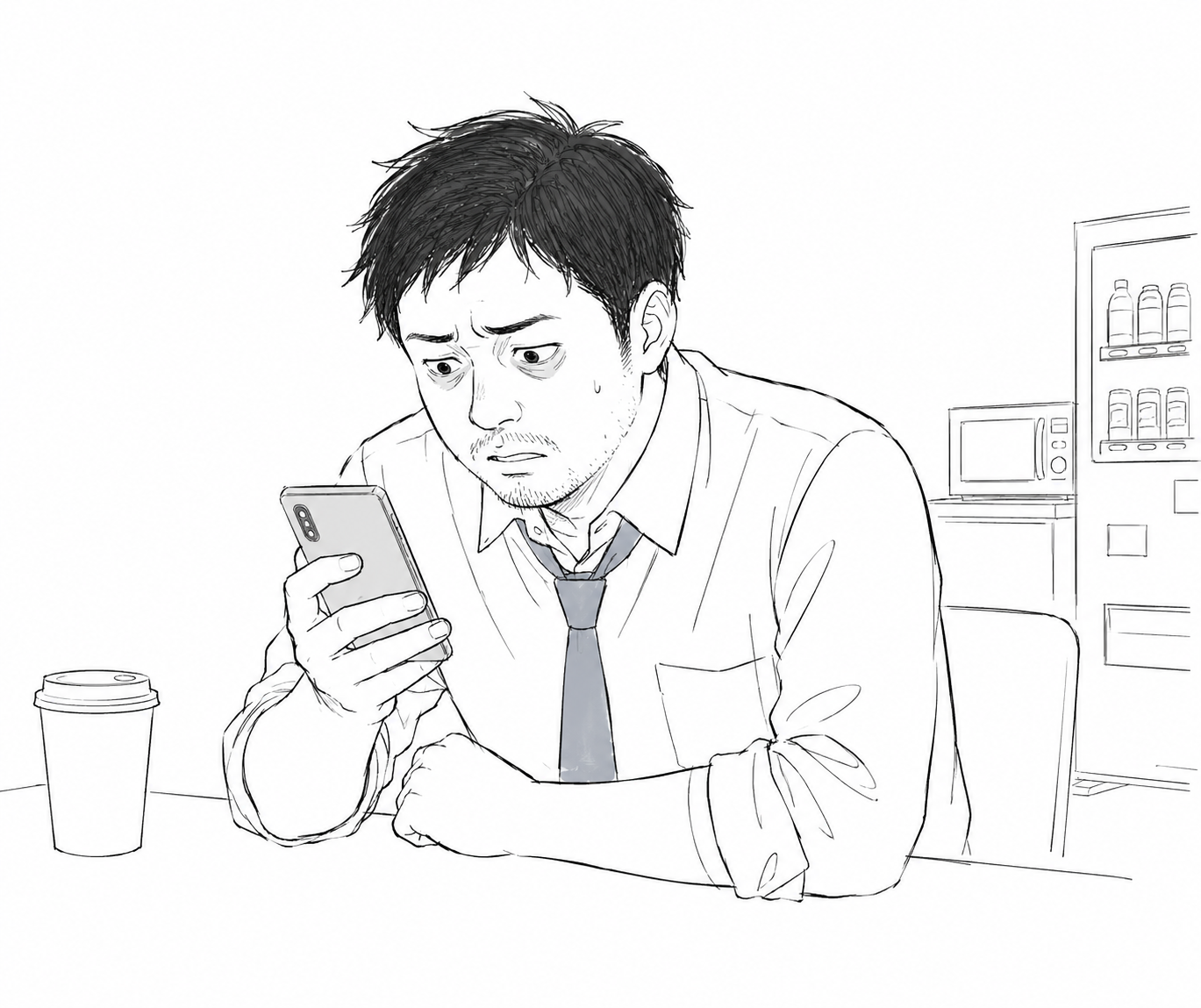 休憩室でスマホを見つめるオカノ/落ち着かない目